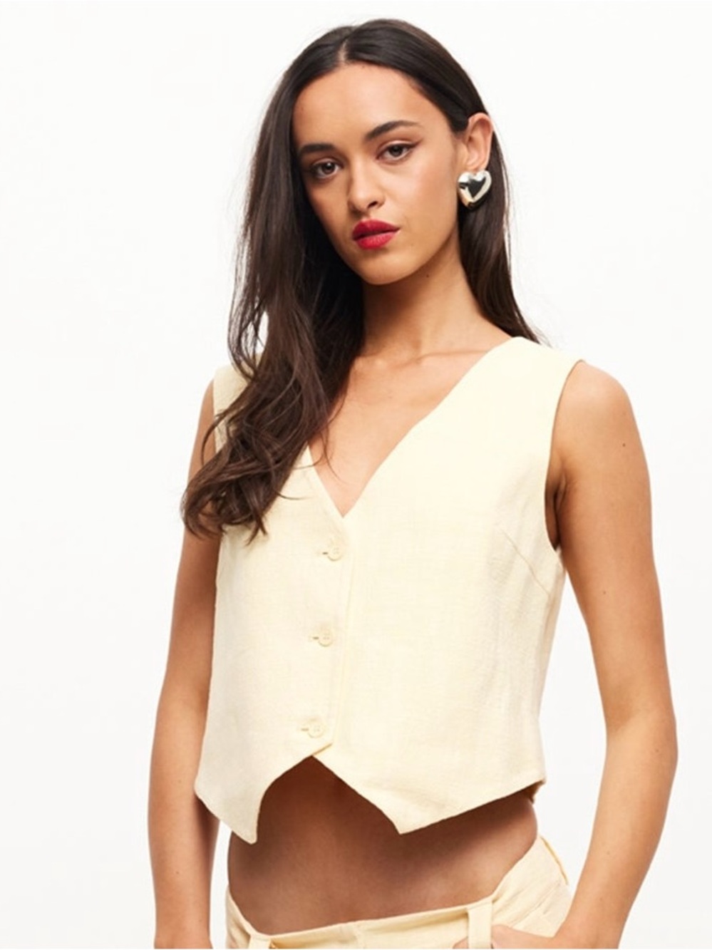 Lioness Pale Yellow Button-Front V-Neck Cropped Vest